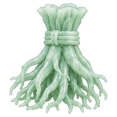 Pale jade carving of a bunch of roots, the symbol of Mula
