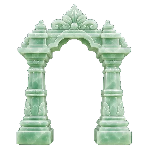 Pale jade carving of a triumphal arch, or a potter's wheel, the symbol of Vishakha