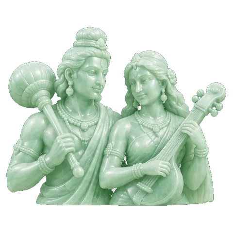 Pale jade carving of a couple, the man with a mace and the woman with a veena, the figure of Gemini