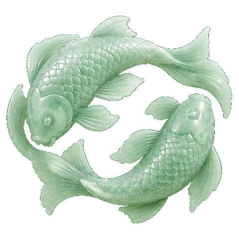 Pale jade carving of two fish, swimming in opposite directions, the figure of Pisces