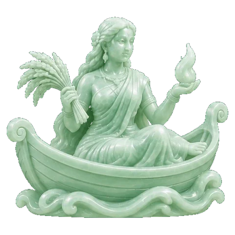 Pale jade carving of a maiden in a boat, holding grain and fire, the figure of Virgo