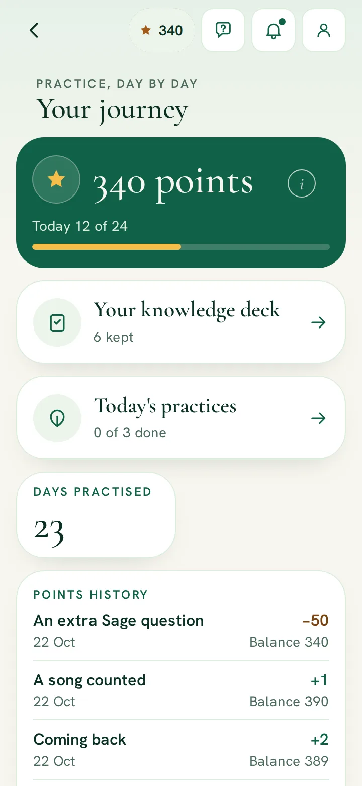 RitamSage app screen: Your journey: your days of practice, points and knowledge cards