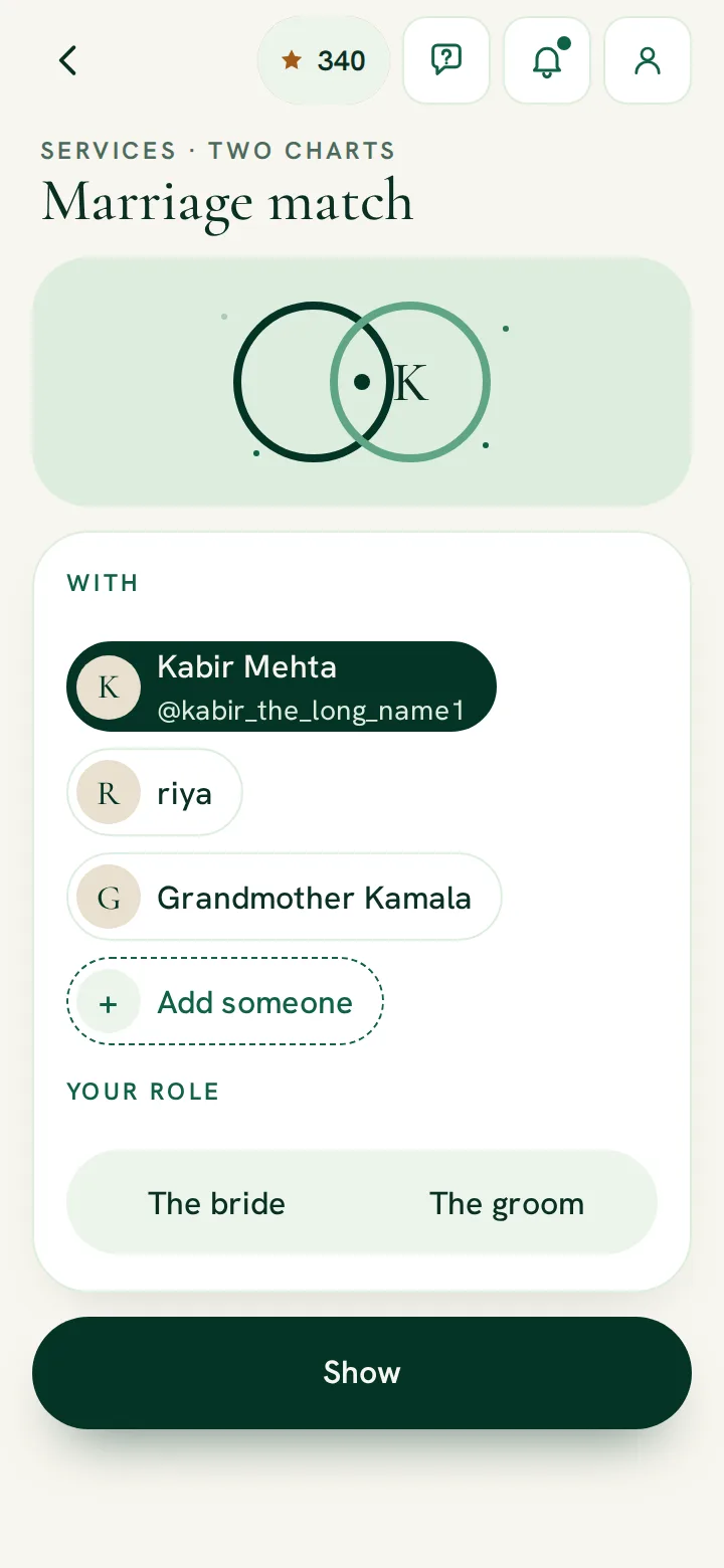 RitamSage app screen: Marriage match, two charts compared for marriage