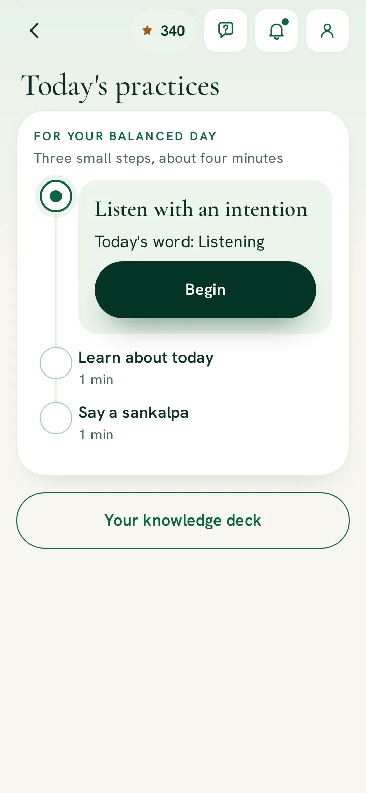 RitamSage app screen: the day's three practices