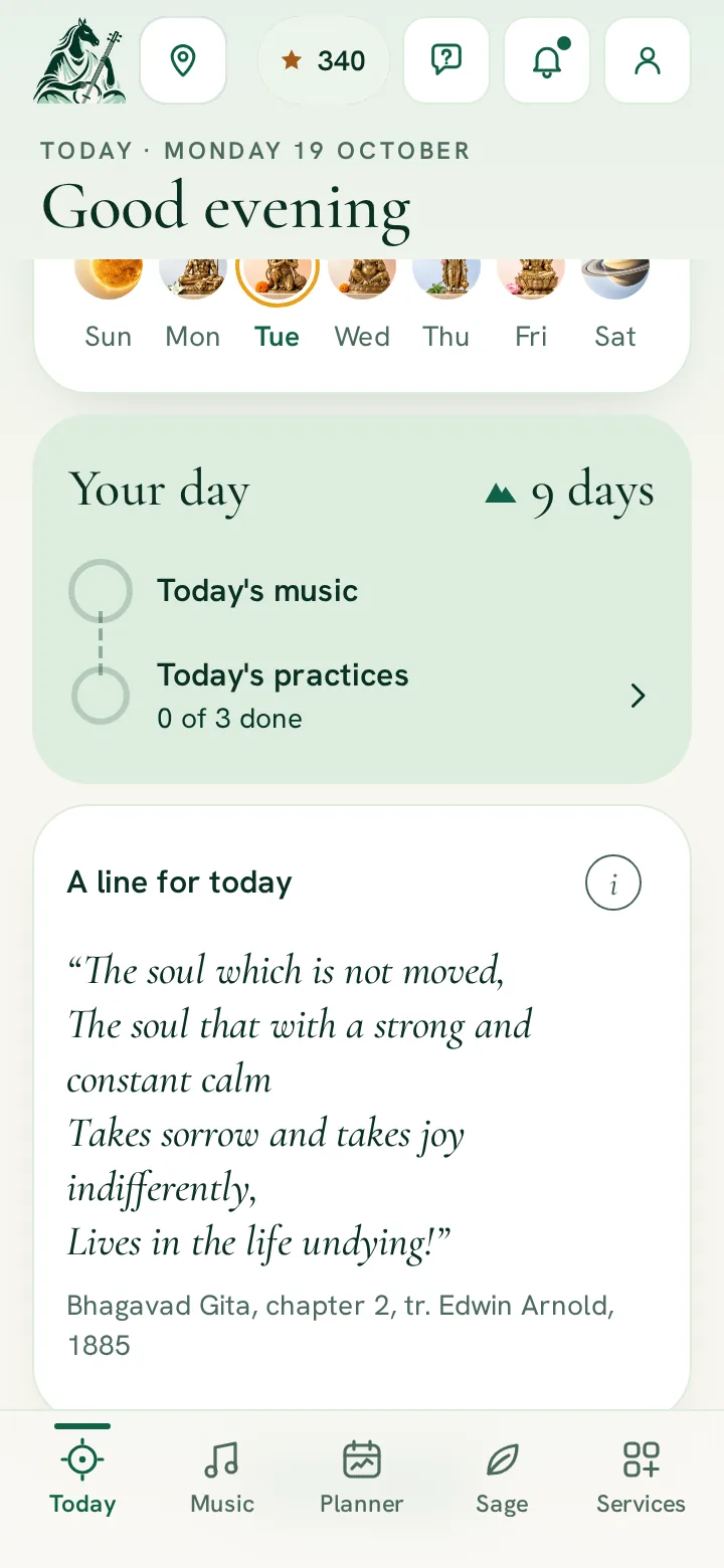 RitamSage app screen: A line for today