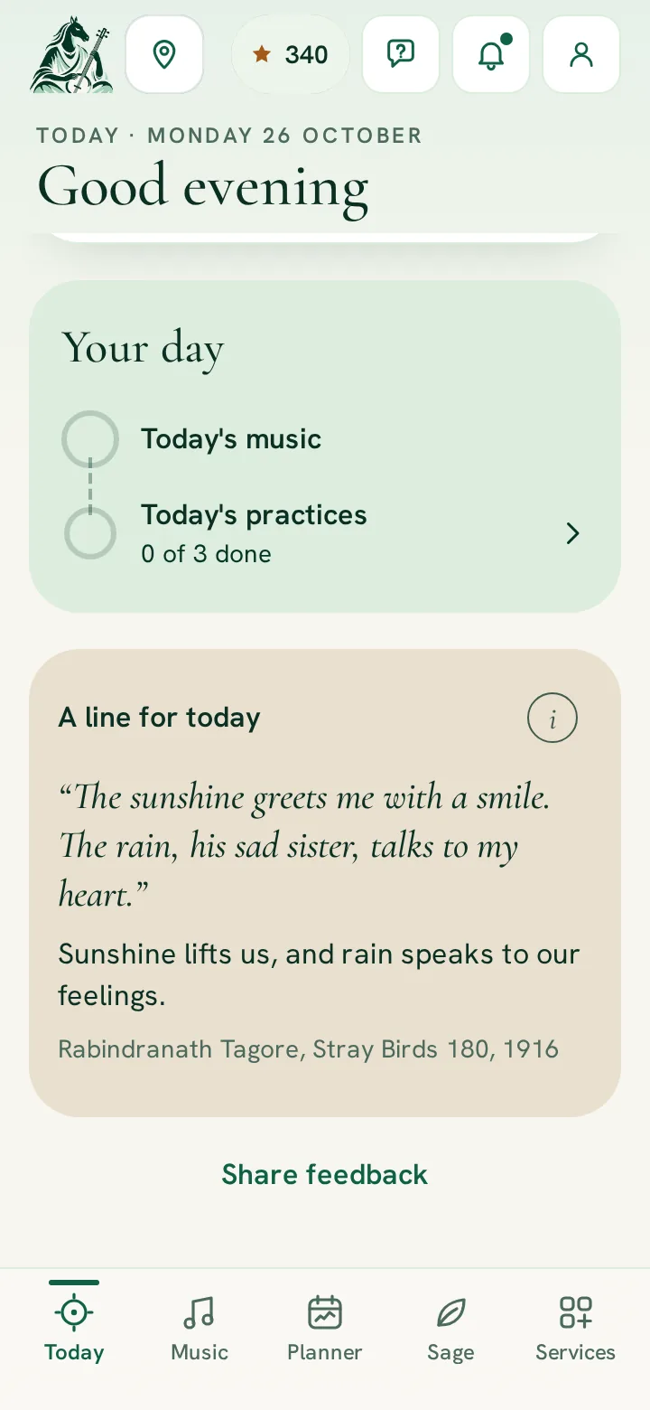 RitamSage app screen: A line for today