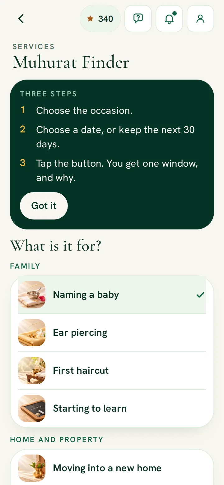 RitamSage app screen: the Muhurat Finder, its occasions in groups
