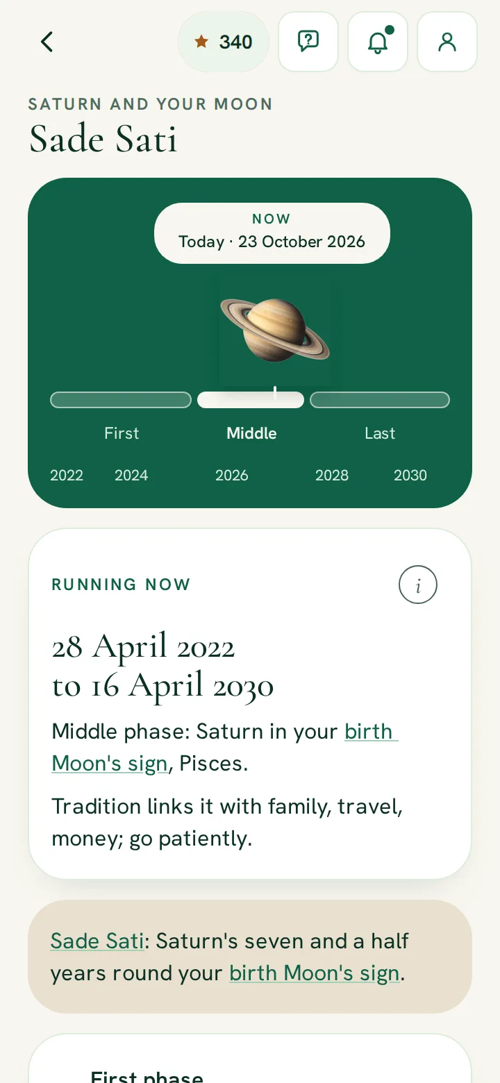 RitamSage app screen: Sade Sati, when Saturn passes your Moon