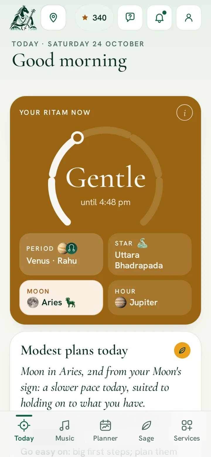 RitamSage app screen: Today, showing the day's level, period, star, Moon and hour