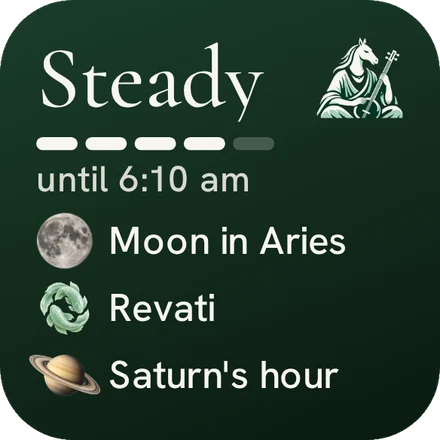 The RitamSage home-screen widget: Steady until 6:10 am, Moon in Aries, Revati, Saturn's hour, on the Forest ground