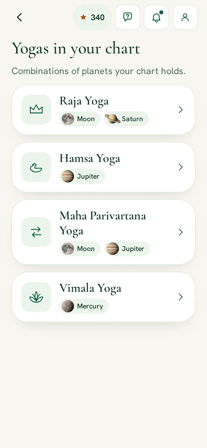 RitamSage app screen: Yogas, the patterns in your chart